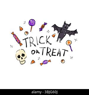 Illustration ludique d'Halloween avec une chauve-souris mignonne, crâne, globes oculaires, bonbons, sucettes, et trick ou traiter le lettrage dans un style dessiné à la main. Illustration de Vecteur