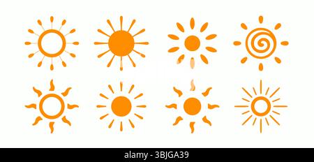 Icône soleil réglée. Logo Summer Day. Signes de temps ensoleillé en couleur jaune chaud. Symbole d'espoir. Label d'énergie solaire. Logotype d'ambiance de plage. Illustration vectorielle Illustration de Vecteur