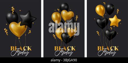 Ballon 3d Black Friday Party Card Set cadeau or Black Ball Balloons Vector invitation Card bannière réaliste de célébration Illustration de Vecteur