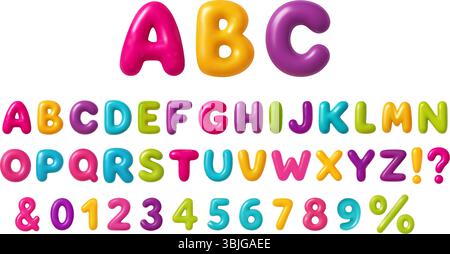 3d lettre numéro Balloon Alphabet texte ABC Bubble Typography for Birthday and Party Vector Cartoon Fun Pop Glossy Typeface Illustration de Vecteur