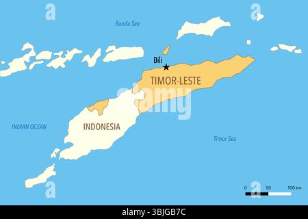 Carte du Timor oriental (Timor-Leste) avec les grandes villes et les pays voisins Banque D'Images