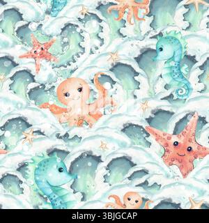 Personnages Octopus Starfish Seahorse sur des crêtes de vague sans couture. Aquarelle étoiles et éclaboussures blanches illustration isolée. Personnage en mer Banque D'Images