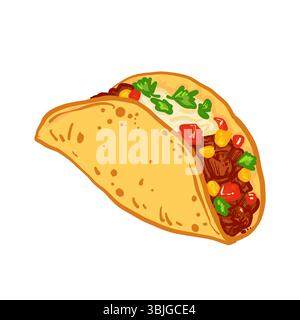 Taco savoureux rempli de viande assaisonnée, de maïs, de tomates et d'herbes fraîches. Illustration colorée de restauration rapide de style dessin animé isolé sur fond blanc. Illustration de Vecteur