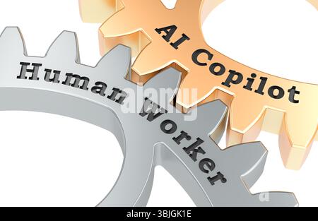 Copilote AI et équipement de travail humain. Symbolisant la collaboration entre l’intelligence artificielle et les humains. Rendu 3D isolé sur fond blanc Banque D'Images