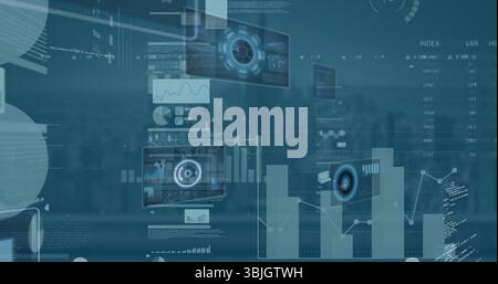 Survol de l'interface de données superposant la vue skyline avec des panneaux affichant des graphiques, des lectures, des éléments HUD Banque D'Images