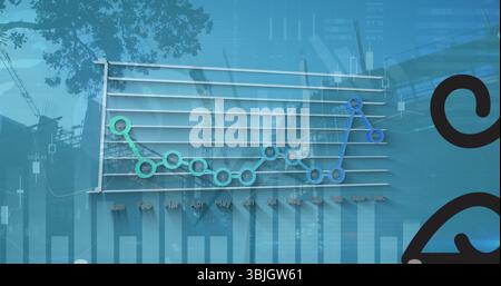Affichage graphique linéaire survolant le chantier de construction, avec des graphiques à barres et en chandelier et des spirales Banque D'Images