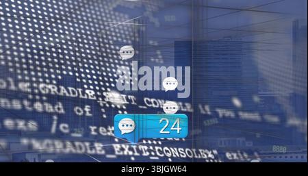 Bulle de notification de chat flottant au-dessus de l'horizon de la ville montrant le numéro 24, avec des bulles de discours blanches Banque D'Images