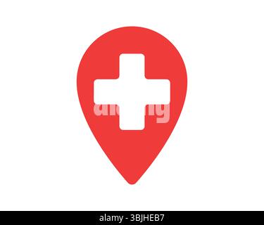 Épingle rouge de la carte avec une croix blanche à l'intérieur, symbolisant l'emplacement des soins de santé ou les services médicaux. Design moderne, parfait pour les sites Web, les applications, les présentations. Illustration de Vecteur