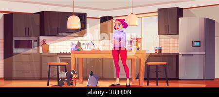 Femme de dessin animé debout dans la cuisine tandis que le chien mange muffin près du pot sur le sol - personnage féminin regarde animal noir avec de la pâtisserie. Espace intérieur moderne avec table en bois, armoires sombres et appareils électroménagers. Illustration de Vecteur