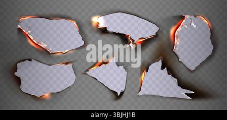 Ensemble de cadres de trou de papier brûlé avec des effets de feu réalistes autour des bords. Silhouettes de feuilles brûlées déchirées sur bg transparent. Découpes de texture de parchemin endommagées, bordures irrégulières. Chaud, concept de danger. Illustration de Vecteur