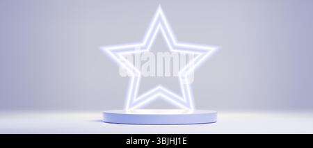 Signe d'étoile au néon sur le piédestal - contour blanc brillant de la forme d'étoile à cinq pointes sur la plate-forme ronde dans un fond de studio vide. décoration de podium lumineuse géométrique minimaliste 3d, élément de design de scène. Illustration de Vecteur