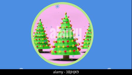 Debout trois arbres de Noël verts avec guirlandes jaunes sur base rose, flocons de neige bleus flottants Banque D'Images