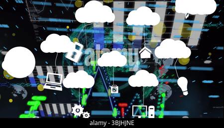 Réseau cloud blanc affichant des icônes suspendues dans le hub de données avec des icônes de smartphone d'ordinateur portable cadenas Banque D'Images