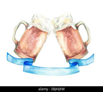 Deux tasses à bière toast clinking avec mousse et ruban bleu ci-dessous. Aquarelle réaliste dessinée à la main encouragements verres à bière illustration isolée. Clipart pour Banque D'Images