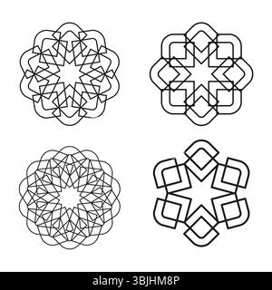 Icônes de motif floral. Ensemble de fleurs décoratives. Symétrie vectorielle abstraite. Formes circulaires géométriques. Illustration de Vecteur