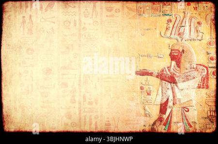 Fond horizontal avec peinture murale colorée d'inspiration égyptienne antique qui évoque l'atmosphère de l'Égypte. Toile de fond avec figure de pharaon, création Banque D'Images