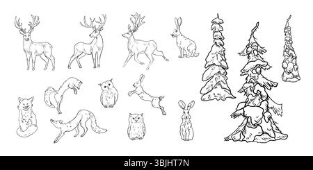 Clipart des animaux d'hiver des bois avec des arbres enneigés dessinés à la main noir blanc illustration de contour vectoriel. Croquis linéaires de cerf, renard, lièvre et hibou avec des pins Illustration de Vecteur