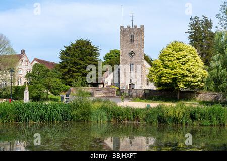 Église St Mary dans le village de Buriton, Hampshire, Angleterre, Royaume-Uni, vue à travers le grand étang du village Banque D'Images