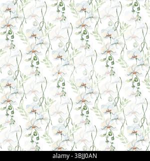 Élégant imprimé sans couture avec orchidées blanches peintes à la main, bourgeons et brindilles botaniques dans des tons aquarelle doux. Motif floral léger isolé pour Banque D'Images