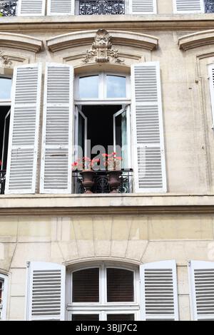 Il s'agit de fenêtres typiques des vieilles maisons parisiennes avec volets, grilles au sol et fleurs en pots. Banque D'Images