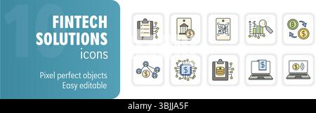 Cet ensemble d'icônes représente divers aspects de la fintech, mettant en valeur l'innovation et la technologie dans la finance Illustration de Vecteur