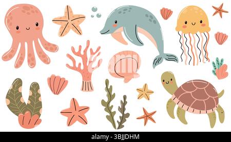 Illustrations colorées de la vie marine comprenant une pieuvre, un dauphin, une méduse, une tortue, une étoile de mer, corail, et algues. Design lumineux et ludique pour Illustration de Vecteur