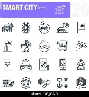 Icônes de la ligne Smart City concept mettant en vedette les bâtiments, les transports et la technologie pour un avenir durable Illustration de Vecteur