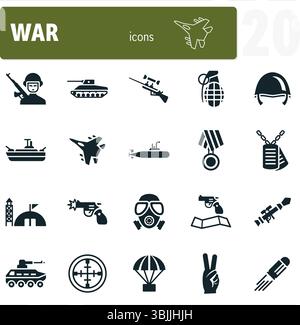 Ensemble d'icônes d'opérations militaires mettant en vedette des armes et des soldats combattant Illustration de Vecteur