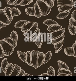 Motif vectoriel sans couture. Croissants dessinés en vecteur sur un fond sombre à la main. L'illustration convient à la conception d'emballage, à la décoration de boulangerie Illustration de Vecteur