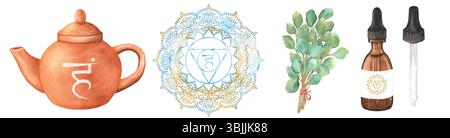 Un faisceau de cliparts d'aquarelle sur le thème du chakra de l'équilibre de la gorge. Théière en terre cuite, flacon en verre d'huile essentielle, eucalyptus, un Vishud bleu doré Banque D'Images