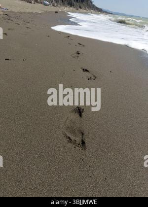 Empreintes de pas sur une belle plage. gros plan des empreintes humaines dans le sable humide sur le bord de mer Banque D'Images