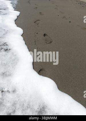 Empreintes de pas sur une belle plage. gros plan des empreintes humaines dans le sable humide sur le bord de mer Banque D'Images