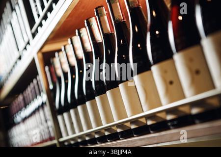Bouteilles de vin Elite alignées sur l'étagère en vue rapprochée, Focus sur le premier plan Banque D'Images