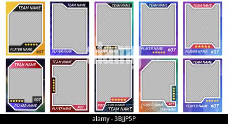 Un ensemble de modèles de cartes à collectionner sportives modernes et colorés avec des espaces réservés transparents pour la personnalisation des photos. Inclut des zones de noms de joueurs et d'équipes modifiables, des étiquettes numériques et des étoiles de notation. Parfait pour créer des cartes de fans personnalisées, des designs de ligue fantastique ou des modèles de sports scolaires. Illustration de Vecteur