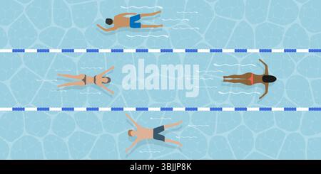 Une vue aérienne montre divers nageurs flottant dans une piscine vibrante, mettant en vedette des activités estivales agréables Illustration de Vecteur
