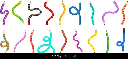 Crayons texturés souples. Crayon courbe, papeterie décorative abstraite. Outils de dessin tordus, fournitures créatives de bureau de studio d'art scolaire, néotériques Illustration de Vecteur