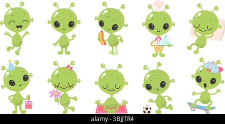 Dessins animés d'aliens verts. Drôle alien dans différentes poses, isolé les gens mignons UFO. Les créatures de l'espace cuisinent, dorment, mangent hot dog, méditent, vecteur de nos jours Illustration de Vecteur