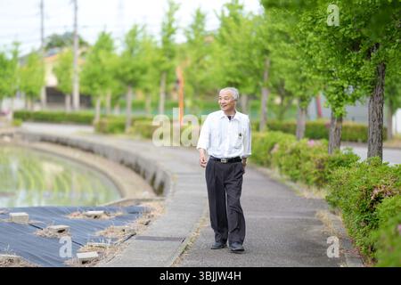 Dans les campagnes japonaises, un Japonais de la fin des années 70 marche le long d'une route agricole entourée de larges rizières. Il porte une chemise blanche et un chapeau, appréciant le fr Banque D'Images