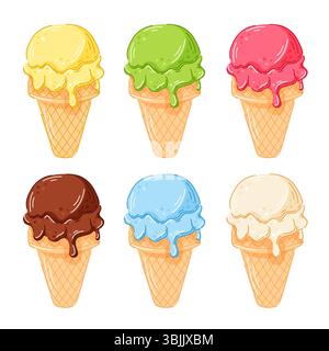 Ensemble de six cônes de crème glacée colorés avec une saveur différente dans le cône de gaufre dans le style de bande dessinée isolé sur fond blanc. Parfait pour le café dessert d'été Illustration de Vecteur