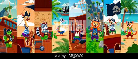 Pirates animaux et corsaires personnages collage au fond vectoriel du pont de voilier et du paysage de l'île au trésor. Dessin animé lion mignon, ours, chat et tortue, pélican et girafe pirates animaux Illustration de Vecteur