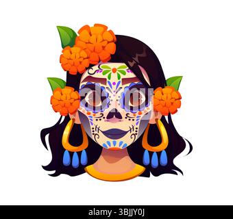 Jour de la femme de vacances morte visage de personnage avec le crâne de sucre maquillage. Personnage féminin mexicain de vecteur de dessin animé avec des motifs floraux traditionnels dia de los muertos et des fleurs de souci vibrantes dans les cheveux Illustration de Vecteur