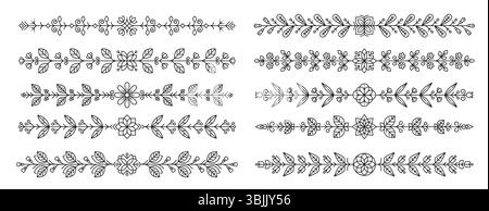 Tracer et délimiter les bordures des séparateurs de fleurs. Décoratifs vectoriels, élégants et floraux garnitures linéaires horizontales, mettant en vedette des fleurs monochromes, des feuilles et des vignes. Embellissements et décoration pour invitations de mariage Illustration de Vecteur