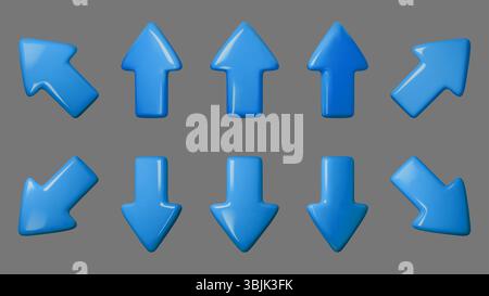 Illustration vectorielle de flèches 3D bleues sur un fond gris, présentant diverses directions pour les besoins en infographie, navigation et conception Web. Parfait pour Illustration de Vecteur