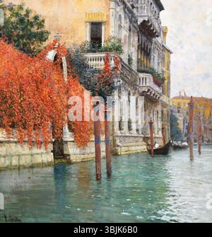 'Canal Grande' de Vincenzo Caprile est une peinture à l'huile sur toile représentant le célèbre Grand canal de Venise. L'œuvre, signée par l'artiste, capture la grandeur et la beauté des voies navigables vénitiennes, avec des bateaux et des bâtiments bordant le canal. Banque D'Images