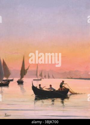 'La sciabica' de Pasquale Celommi (1851-1928) représente une scène de pêche italienne traditionnelle. La peinture capture le moment de la pêche avec un filet à senne, mettant en valeur l'environnement naturel et l'interaction entre les pêcheurs et la mer. La pièce reflète la maîtrise de Celommi dans la capture des paysages italiens et de la vie rurale. Banque D'Images