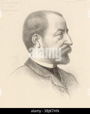 Ce portrait de Camille Saint-Saëns de 1884 par Gustave Boulanger, gravé par Charles Bellan, montre le compositeur français dans une pose formelle mais réfléchie. La gravure capture ses traits avec clarté et élégance. Banque D'Images