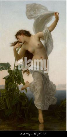 Peinture à l'huile intitulée 'L'Aurore', créée vers 1881 par William-Adolphe Bouguereau et son atelier. La pièce présente une représentation douce et lumineuse de l'aube avec des figures sereines et une atmosphère tranquille, tôt le matin. Banque D'Images
