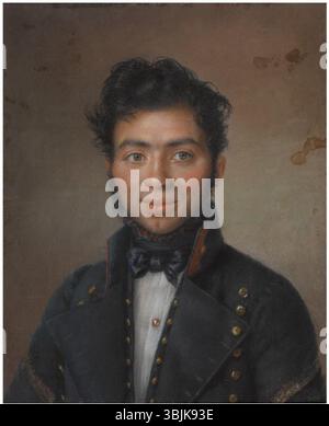 Portrait d'un second Maître dans la Marine française est une peinture pastel sur papier de Jean Baptiste Mutin. L'œuvre, posée sur toile, représente un officier de marine en uniforme avec une attention particulière au grade et à la tenue vestimentaire. Banque D'Images