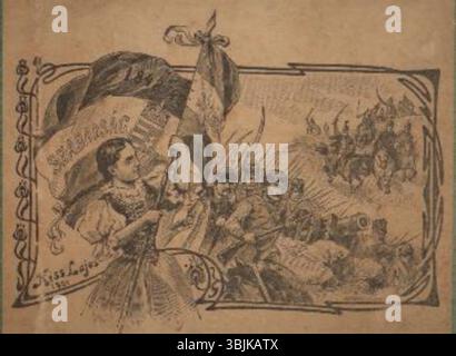 Cette illustration de Lajos Kiss, intitulée *Beck Vilma* (1901), représente les mémoires d’une dame de la Révolution hongroise de 1848-49. L'œuvre a été publiée dans un livre traduit par Dr Sándor Halász. Le style de Kiss reflète l’art hongrois de la fin du XIXe siècle au début du XXe siècle. Banque D'Images