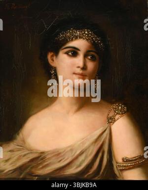 Portrait de buste d'une jeune femme avec bijoux en perles et bracelet bras par Theodor Recknagl, huile sur toile, signé en haut à gauche. Banque D'Images